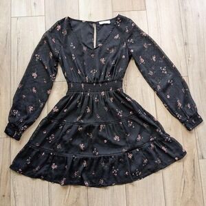 Hollister Black Floral Peasant Dress Small Whimsigoth Tiered Mini Chiffon Boho